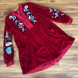 Free People Red Floral Boho Embroidered Velvet Tunic Top Dress XS